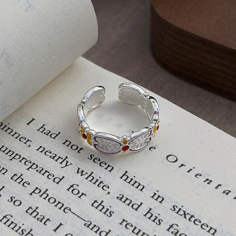 Guochao Sweet Sister Style Colored Enamel Butterfly Flower Ruyi Pattern Hollow Engraved Open Ring Female