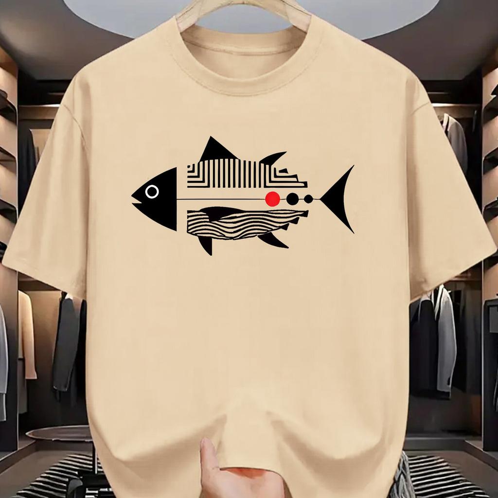 Abstract Geometric Fish Print Unisex Unisex Summer Fashion TShirt Minimalist Art Graphic Cotton Short Sleeve Tee Casual Tops
