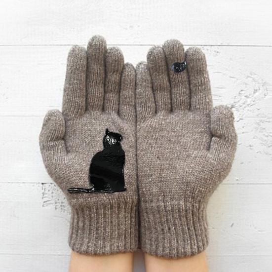 1 пара зимних вязаных перчаток, толстые плюшевые однотонные с принтом кошек и птиц, высокоэластичные, ветрозащитные, сохраняющие тепло, перчатки для велоспорта