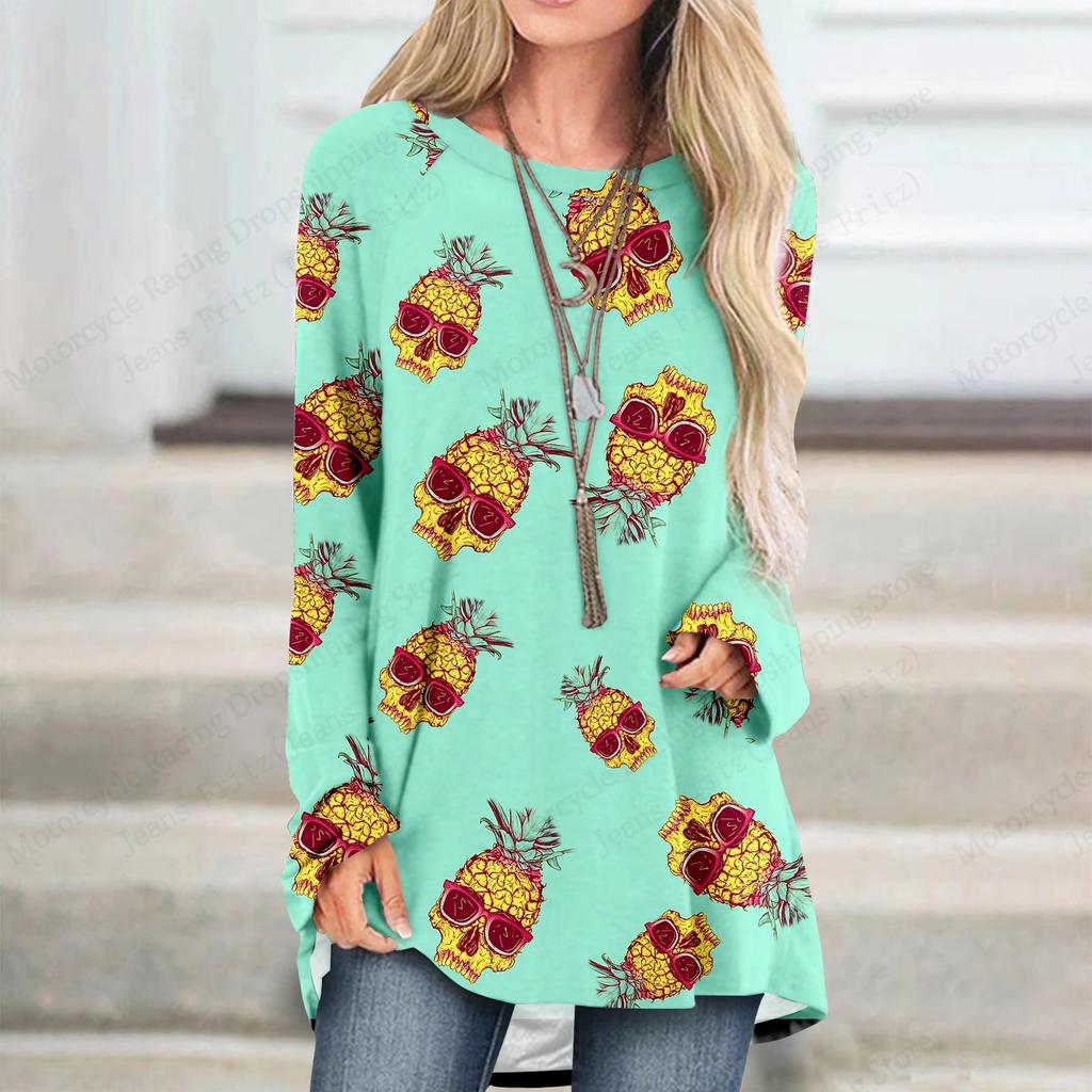 Новая женская футболка с забавным рисунком ананаса, 3D-принт, женская мода, повседневная, с круглым вырезом, с длинным рукавом, футболки, женская одежда
