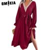Women's Fashion Spring Autumn Long Sleeve V-Neck Solid Color Cocktail & Evening Dresses