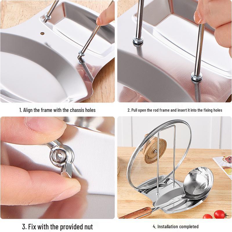 Stainless Steel Pot Lid & Spoon Rack with Drip Tray - Removable, No-Drill Kitchen Storage