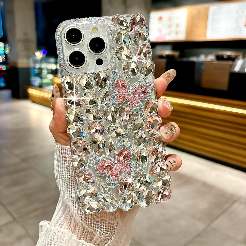 Luxury Glitter Rhinestone Butterfly Case for 17 Pro Max/16/15/14/13/12/11 Full Bling Diamond Cover Funda 15 Pro/14 Pro