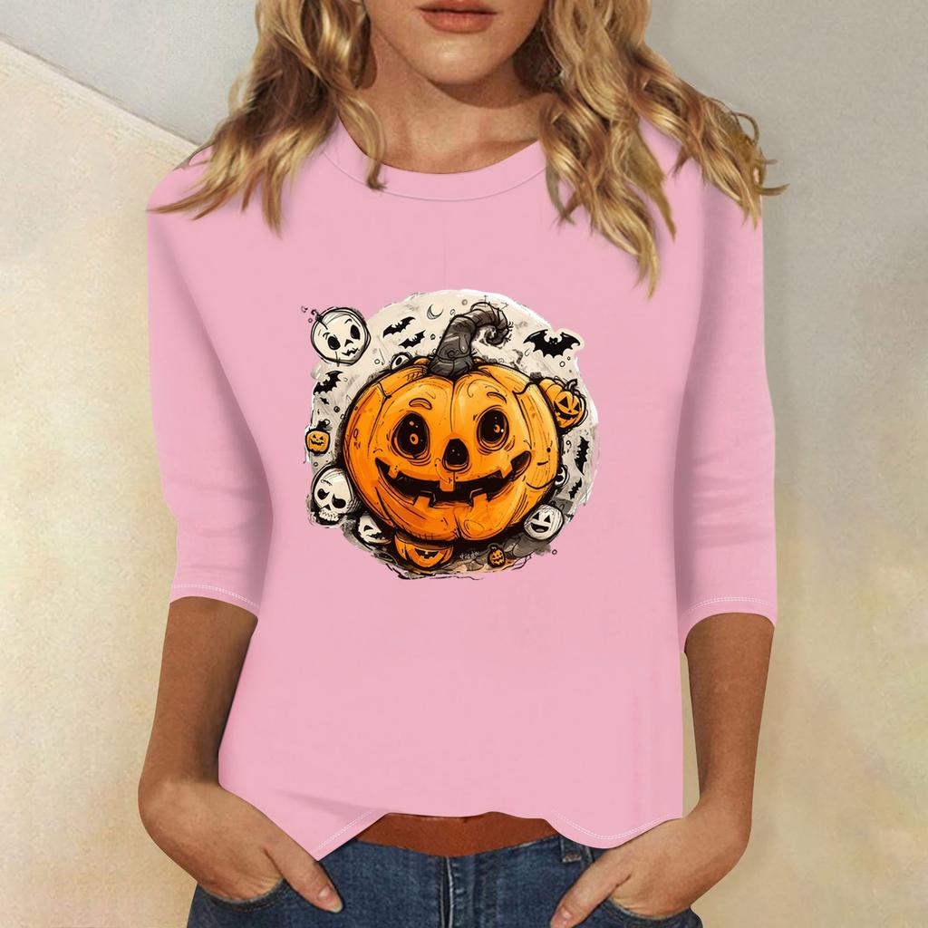 Women's Fashion Casual Three-quarter Sleeve Halloween Printed Round Neck Top