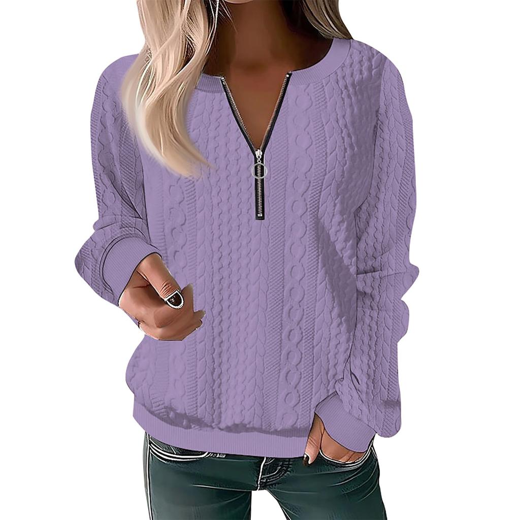Women's Fashion Casual Zipper V-Neck Loose Long Sleeve Solid Color Sweatshirt