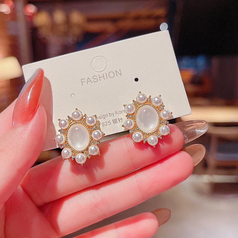 S925 silver needle opal stud earrings femininity geometric love premium earrings ins style Korean earrings collection