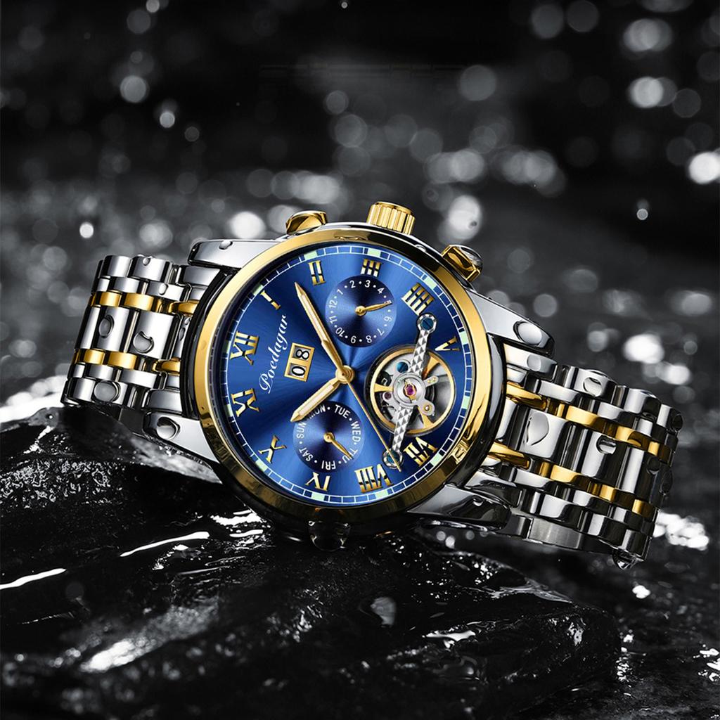 POEDAGAR Новые роскошные мужские часы ТОП-бренда с коробкой, автоматические водонепроницаемые полые многофункциональные светящиеся мужские механические часы