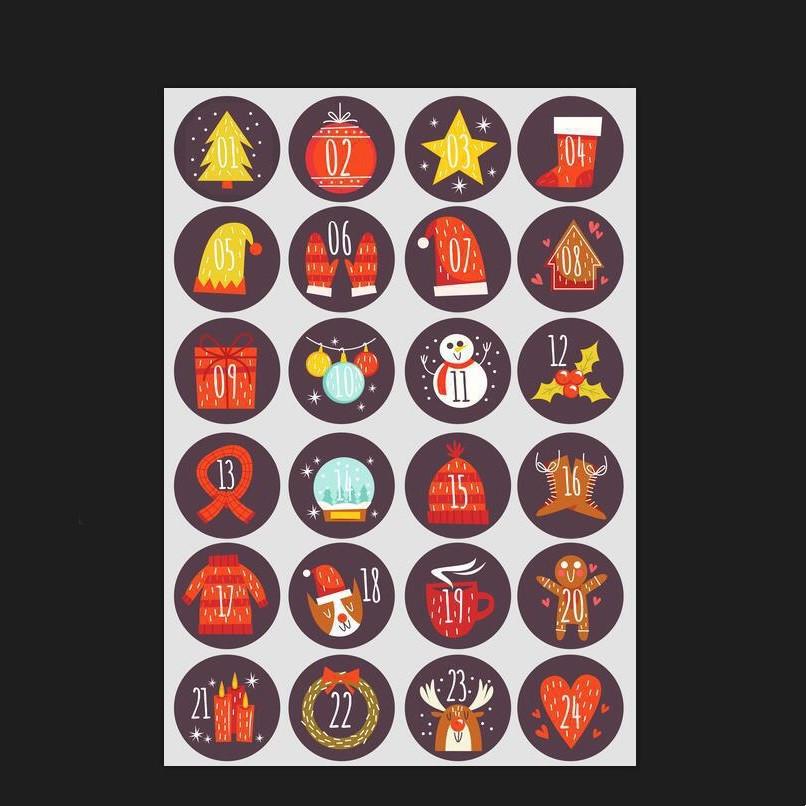 24 шт./лот, Рождественский Адвент-календарь, номер, ПВХ, уплотнительная наклейка на Новый год, Рождественский мешок для конфет, подарочная коробка, фирменная этикетка, уплотнительная наклейка