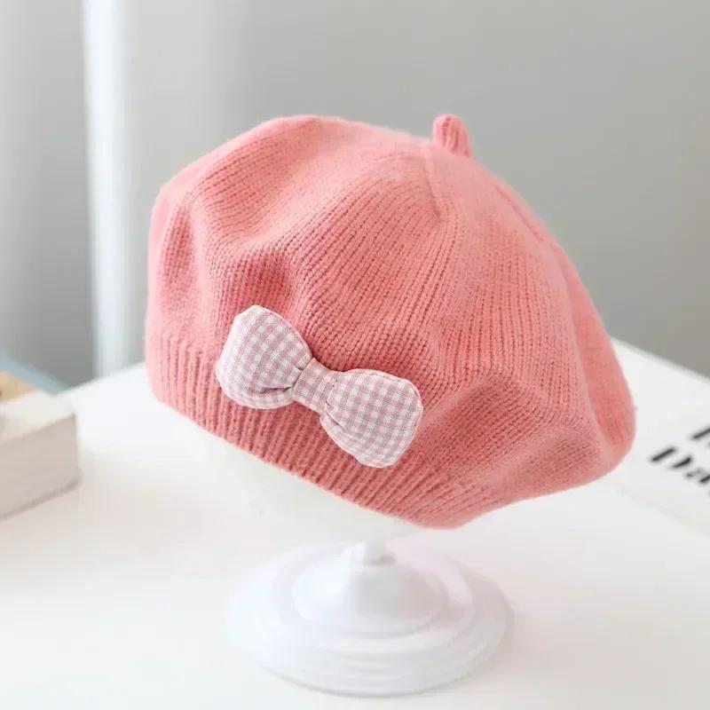 Flower Baby Beret Hat Winter Warm Knitted Beanie Cap for Infant Girls Korean Toddler Princess Artist Solid Color Painter Caps