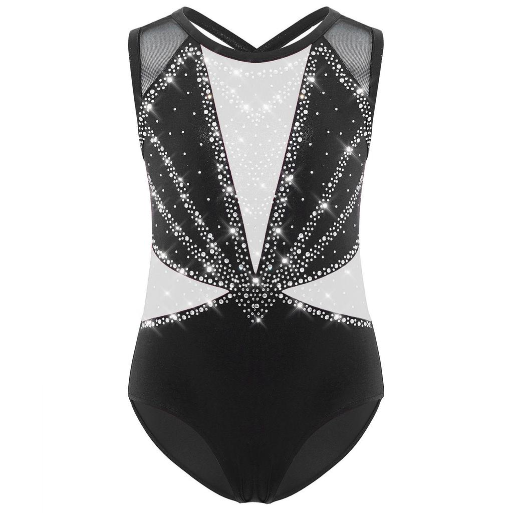 Детский купальник для девочек с перекрещивающимися бретелями на спине, без рукавов, с круглым вырезом, блестящими стразами, металлический танцевальный костюм