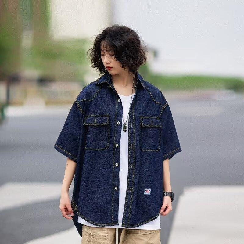 Японский ретро модный бренд летняя свободная джинсовая рубашка с короткими рукавами художественная молодежная рабочая рубашка мужская и женская многослойная куртка