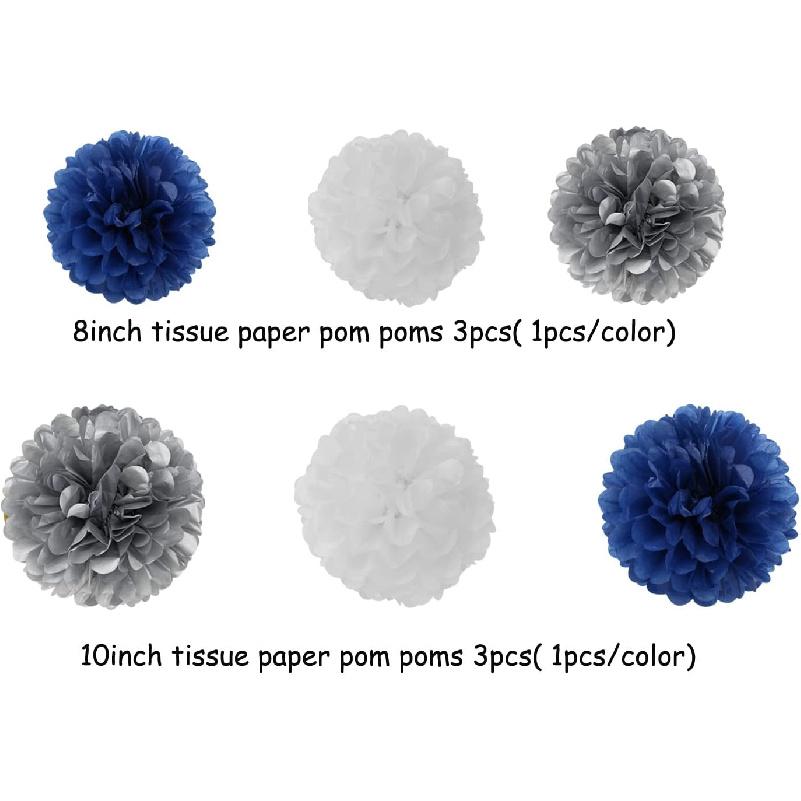 Navy-Blue White-Silver Party-Decoration Graduation Banner - 8pcs Kits Cap Garland Streamers, Paper Tissue Pom Poms Flowers,We are So Proud of You