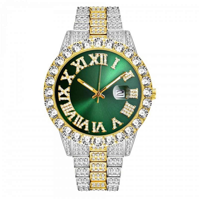 Mens Hip Hop Style Stainless Steel Watch With Roman Dial Luminous Hands Date Function 44mm Round Mineral Glass
