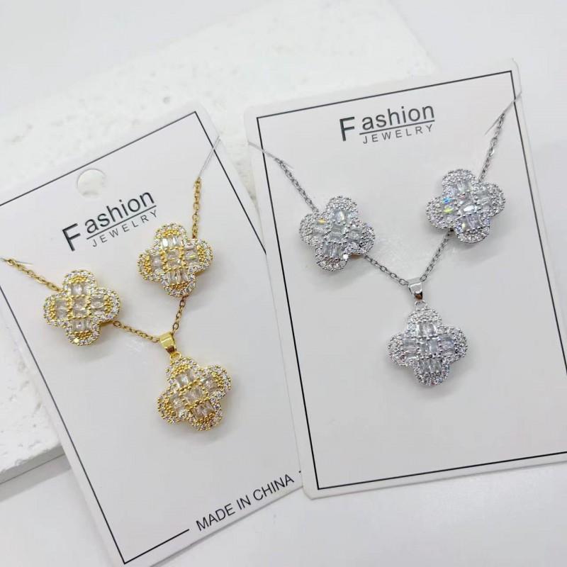 Dainty Zirconia-Encrusted Four-Leaf Clover Necklace Earring Set In Gold Or White Finish Lightweight O-Chain Jewelry Women