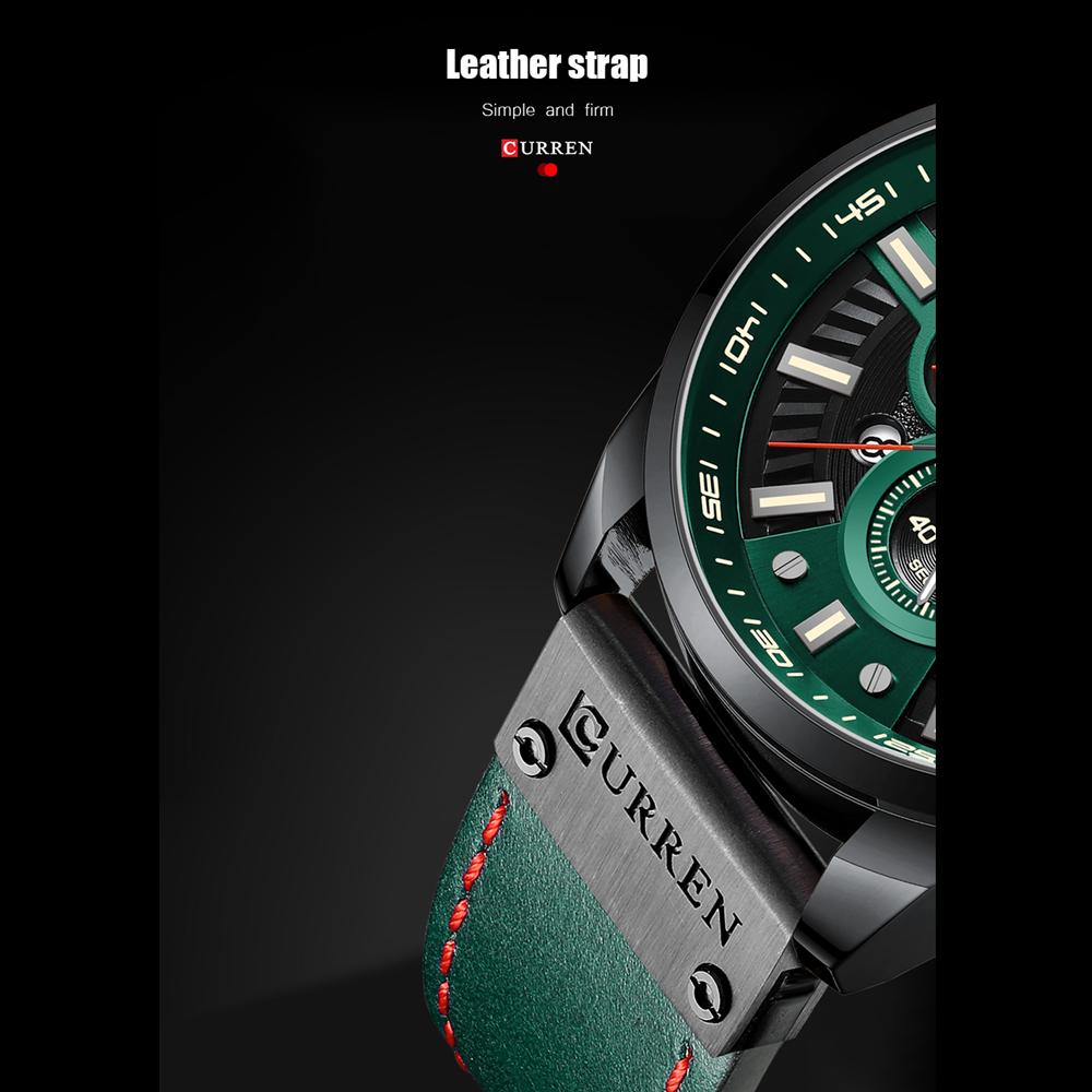 CURREN Мужские кожаные наручные часы с хронографом, модные зеленые мужские часы с дизайнерским циферблатом