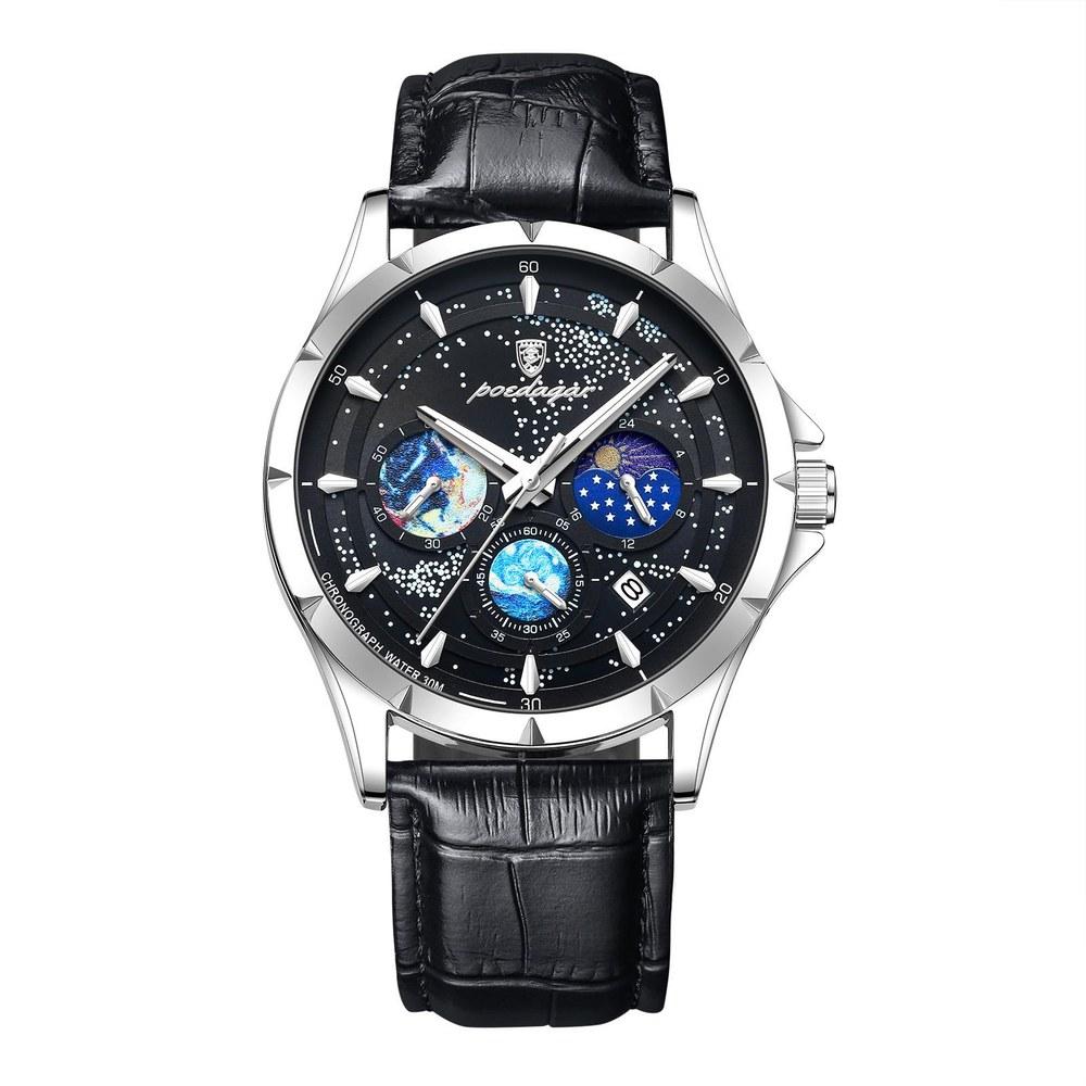 JEWELRYWE Мужские кожаные часы Черное звездное небо Светящиеся Аналоговые Календарь 3ATM Водонепроницаемые Кварцевые Повседневные Модные Подарок