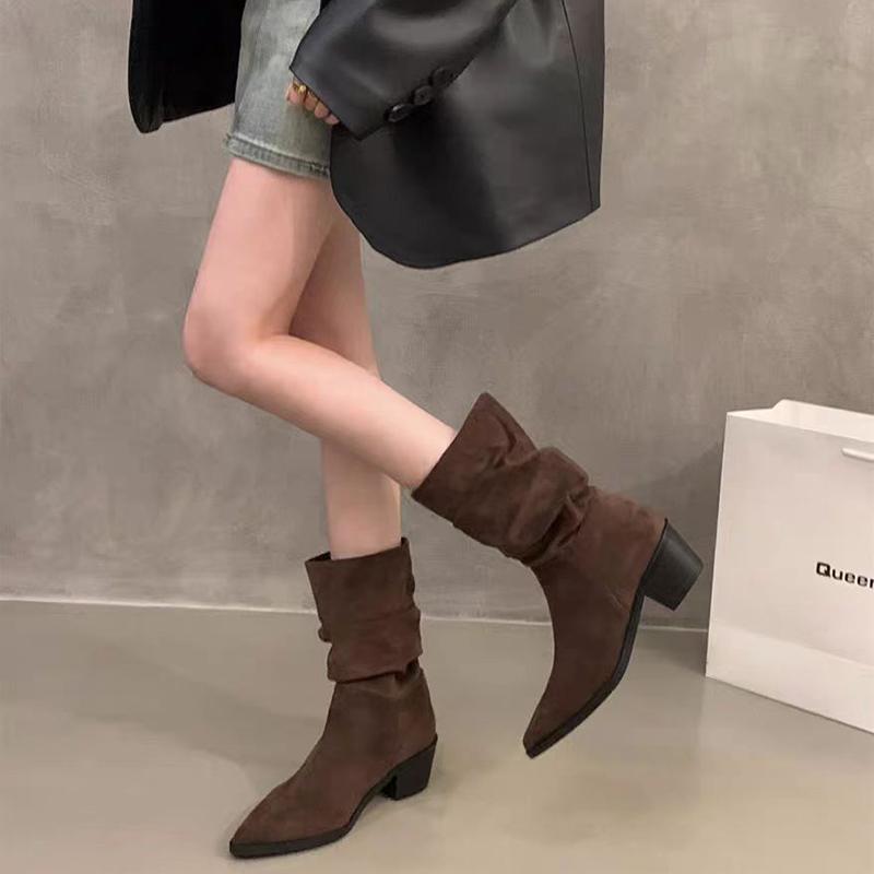Vintage Pointed Toe Women Western Cowgirl Boots Fashion Slip On Shoes Autumn Winter Square Heel Women's Suede Short Booties