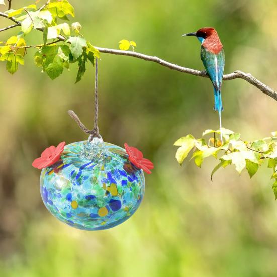 Кормушка для колибри из витражного стекла, каплевидная подвесная кормушка для птиц, кормушка для колибри с 2 цветочными отверстиями для кормления, для сада, двора