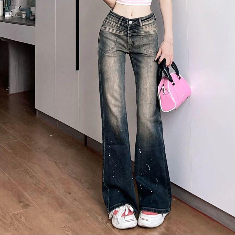 Original Design Spicy Girl Style Low-Waisted Jeans Women's Contrast Washable Old Zip Pocket Button Autumn Slim Micro Flare Pants