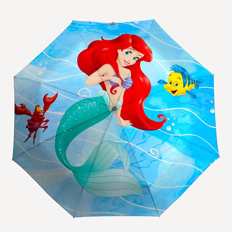 Disney Mermaid,Flounder,Sebastian Manual Opening and Closing Umbrella, 29-Rib Reinforced Folding Design, Lightweight