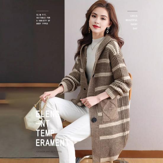 Женское вязаное пальто с капюшоном, длинным рукавом, полосатым принтом, свитер, пальто с карманами, свободный