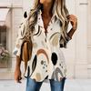 Women Plus Size Printed Collared Neck Long Sleeve Button Front High Low Curved Hem Shirt