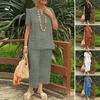 Cotton Linen 2-Piece Lounge Set for Women Loose V Neck Short Sleeve Top Matching Wide Leg Pants Set Summer Casual Outfit