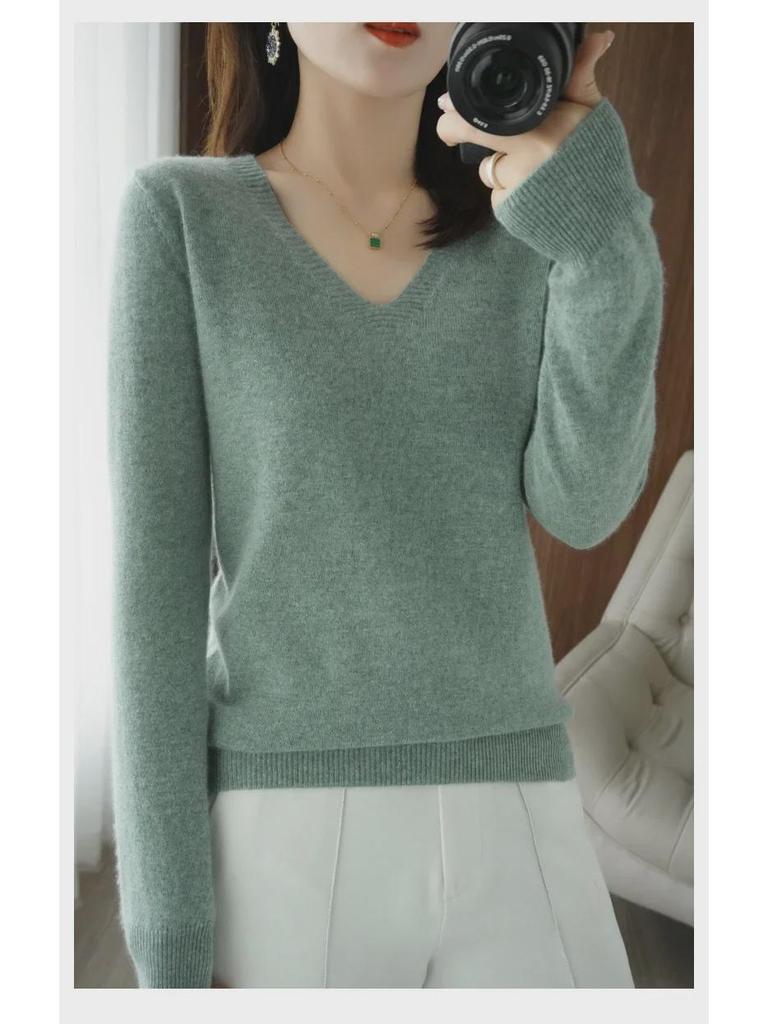 Женский свитер свободной вязки с V-образным вырезом 2024 года — длинный рукав, большой размер