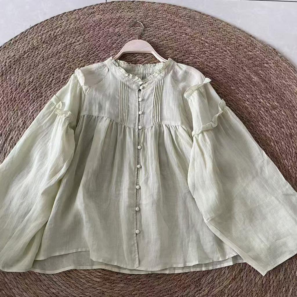 1116 Summer New Women's Crew Neck Japanese Ramie Shirt Loose Shirt Top Cardigan Retro Long Sleeve Single Break