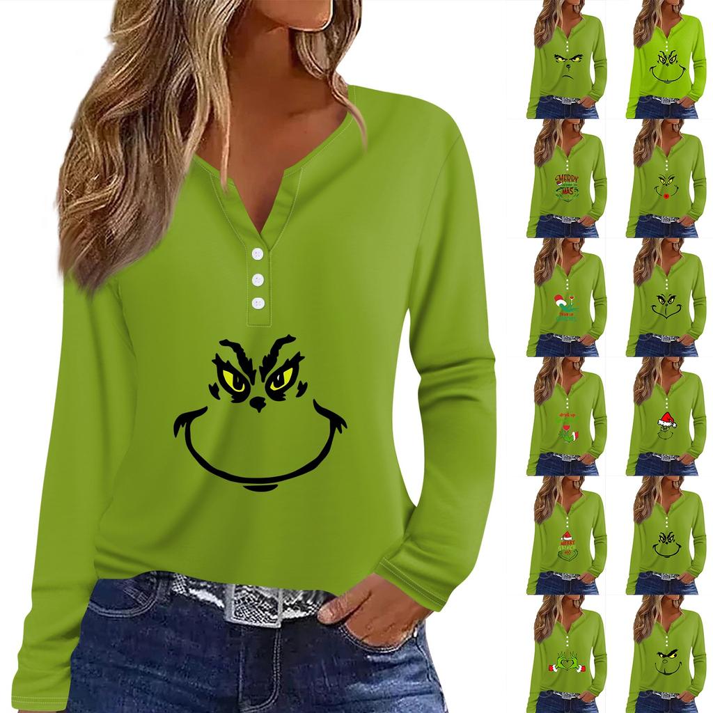 Women's T Shirt Tee Christmas Print Button Long Sleeve Daily Weekend Fashion Basic V- Neck Regular Top