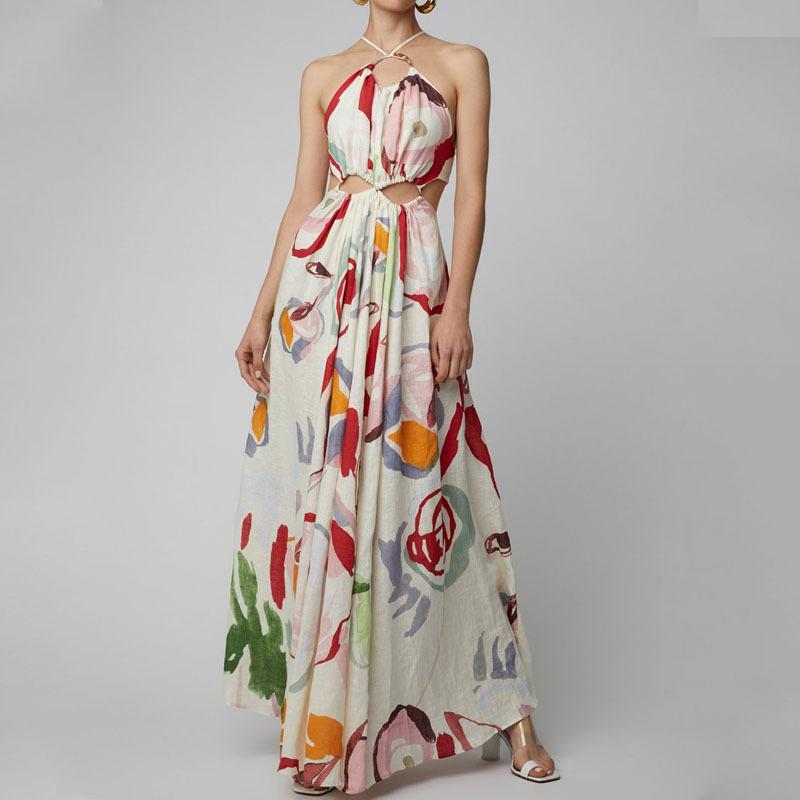 2025 Spring and Summer New Models, Women's New Slim-fitting Pendulum, Suspender Splicing Printed Long Dress, Beach Dress