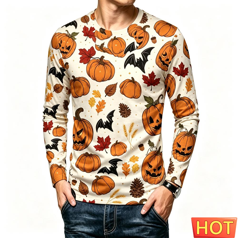 Halloween Party T Shirt For Men Casual O-neck Long Sleeve T-shirts Funny 3D Pumpkin Print Loose Tops Autumn Fashion y2k Clothes