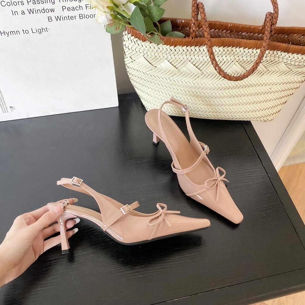 2025 весна французские сандалии с заостренным носком бант сумка на голову женские тонкие каблуки неглубокий носок высокие каблуки одно слово с темпераментом одиночные туфли