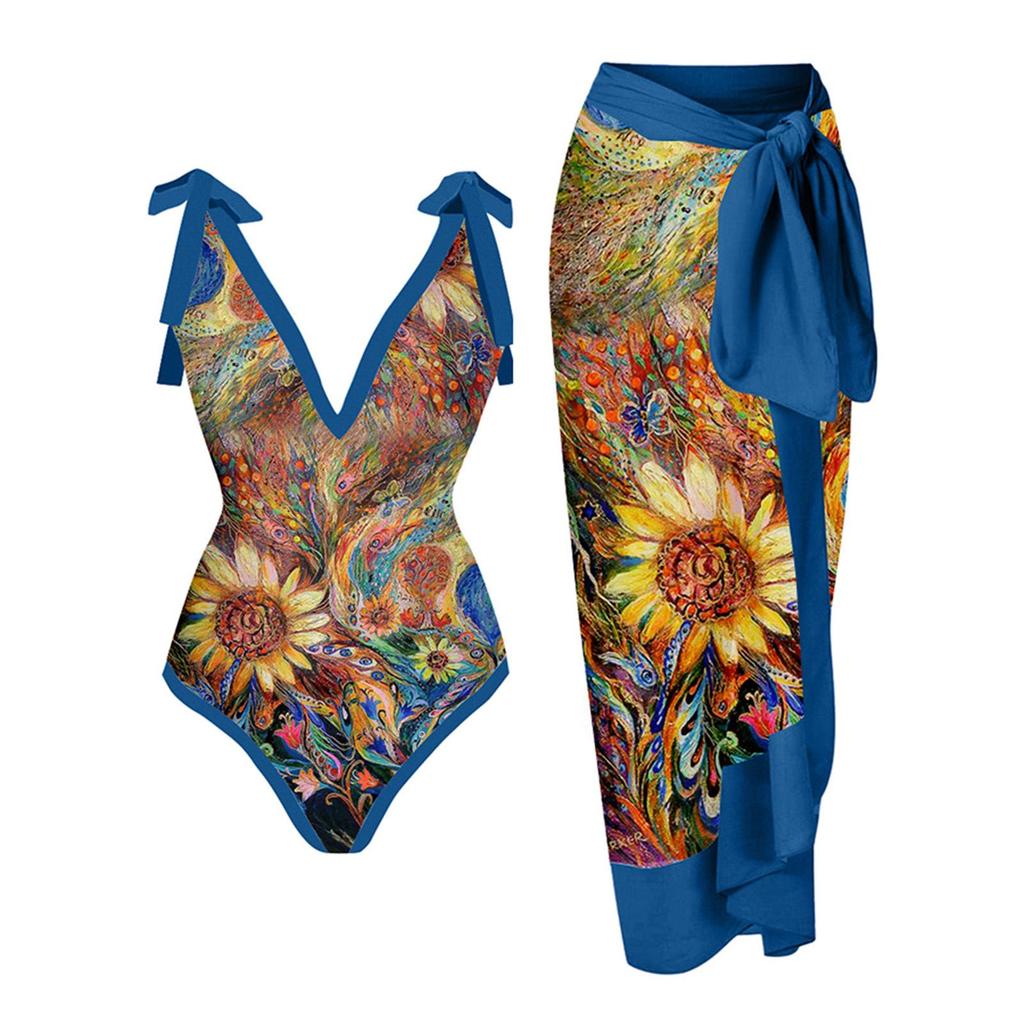 New Vintage Ethnic Print Women's One Piece Swimsuit Two Piece Sheer Skirt Conservative Push Up Padded Swimwear Beachwear