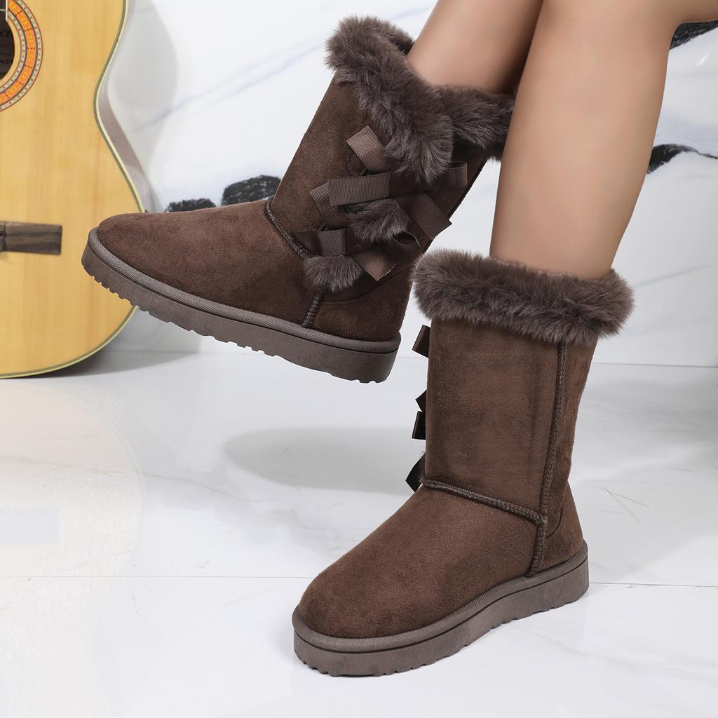 Women Flock Fluffy Suede Snow Boots Cute Butterfly Round Toe Warm Boots Autumn Winter Thick Sole Platform Cotton Shoes