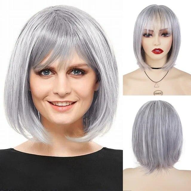 Короткий парик Боб Синтетические шелковистые прямые волосы с челкой для белых женщин Косплей Лолита Натуральный красивый розовый парик