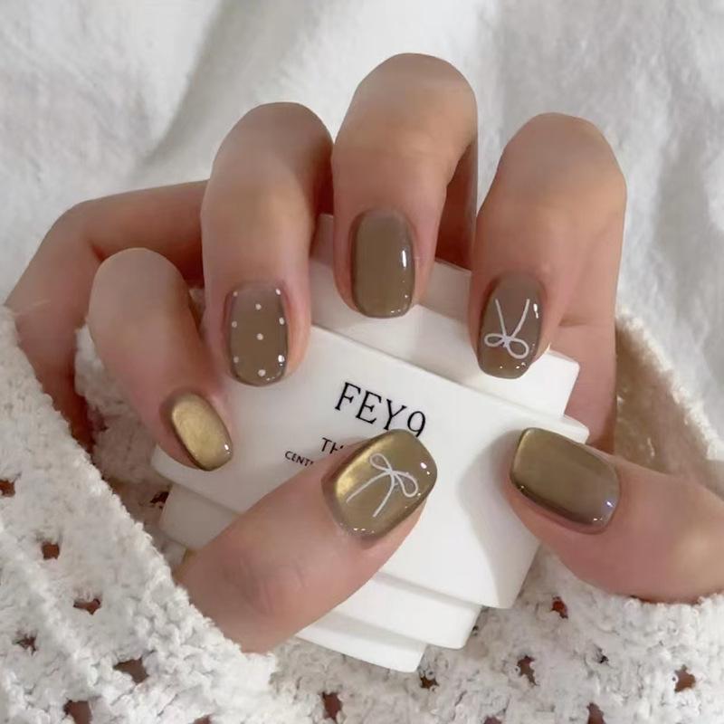 Light coffee line bow polka dot cat eye gentle white ins style manicure patch removable 30 pieces