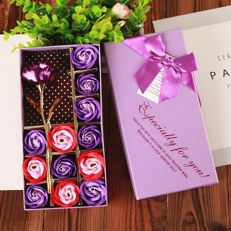 1 комплект подарочной коробки, роза на День святого Валентина, 1 шт., покрытая фольгой, Золотая роза + 12 шт., мыльные цветы для любовника/друга