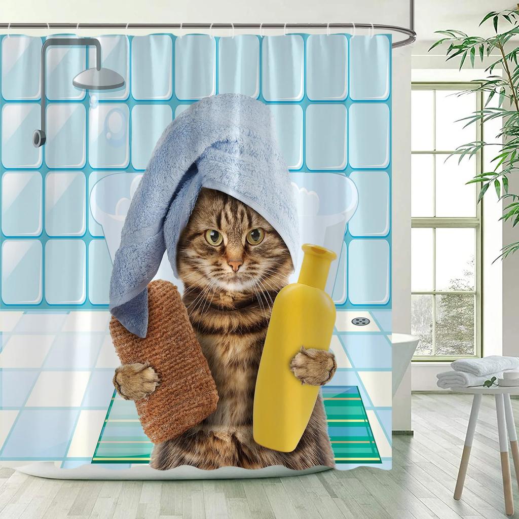 Funny Shower Curtains Cat Riding Shark Ocean Birds Sea Waves Cool Fun Bath Curtain Polyester Fabric Kids Bathroom Decor Sets