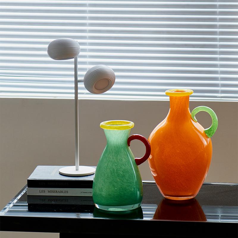 Stained Glass Vase Vintage Binaural Handle Flower Vase Floral Arrangement Accessories Terrarium Home Decoration Accessories