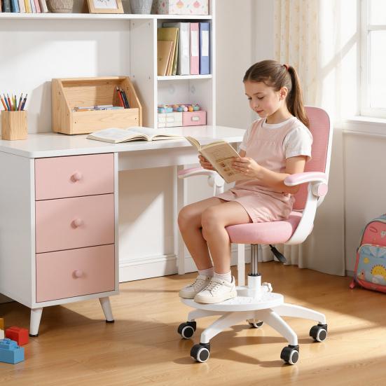 Ergonomic Study Chair Children with Adjustable Footrest & Flip Arm, Kids Computer Mesh Office , 360-degrees Swivel for Home Bedroom Learning Room