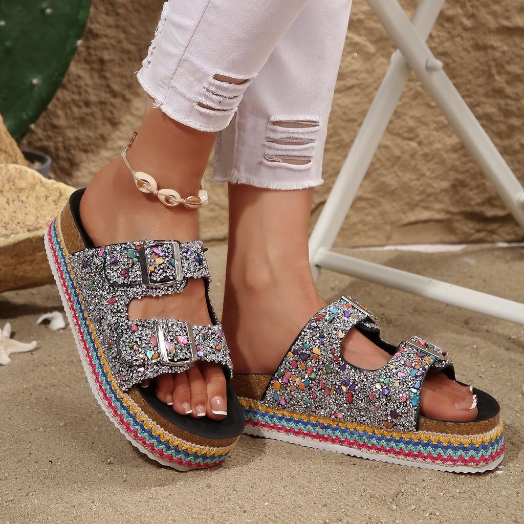 2025 Foreign Trade Slippers Fashionable Rhinestone Double Buckle One Pedal Platform Women's Beach Sandals Large Size