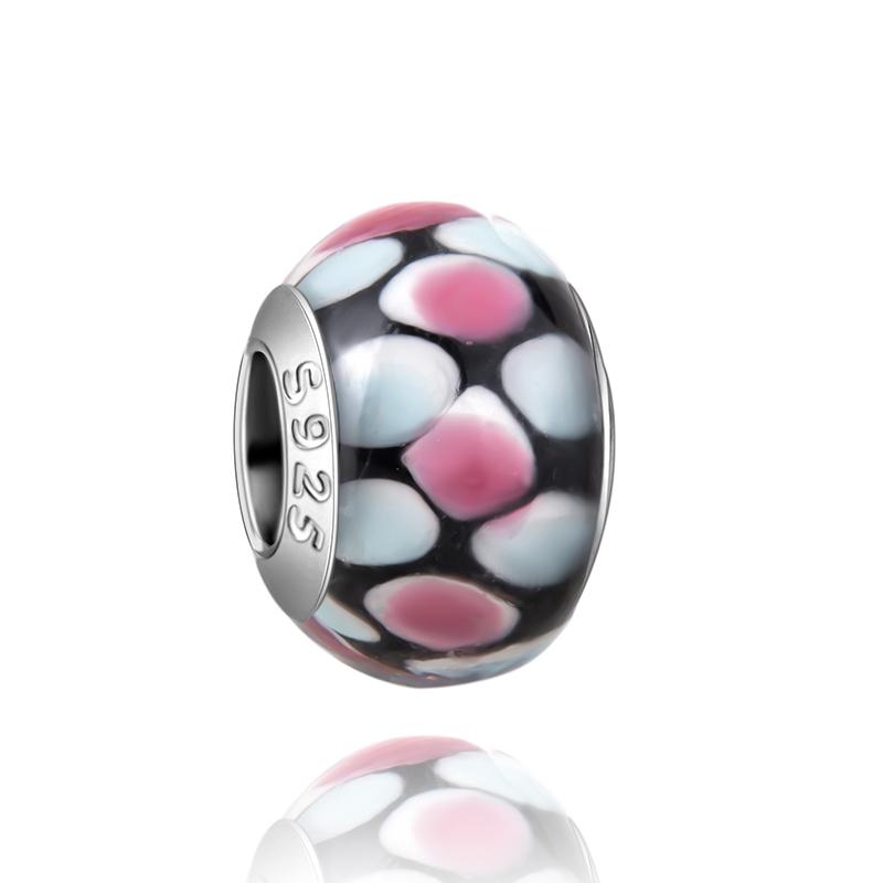 Муранское стекло Серия стерлинговое серебро 925 пробы Медный павлин синий и лепесток цветка Вращается Шарм Подходит для браслета Женские изящные циркониевые аксессуары