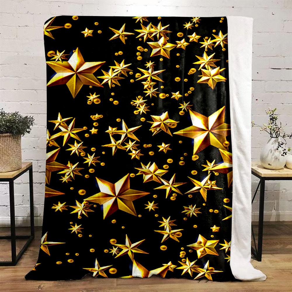 Golden Stars on Black Background Patterned flannel blanket perfect for the bedroom living room, sofa, or a little nap