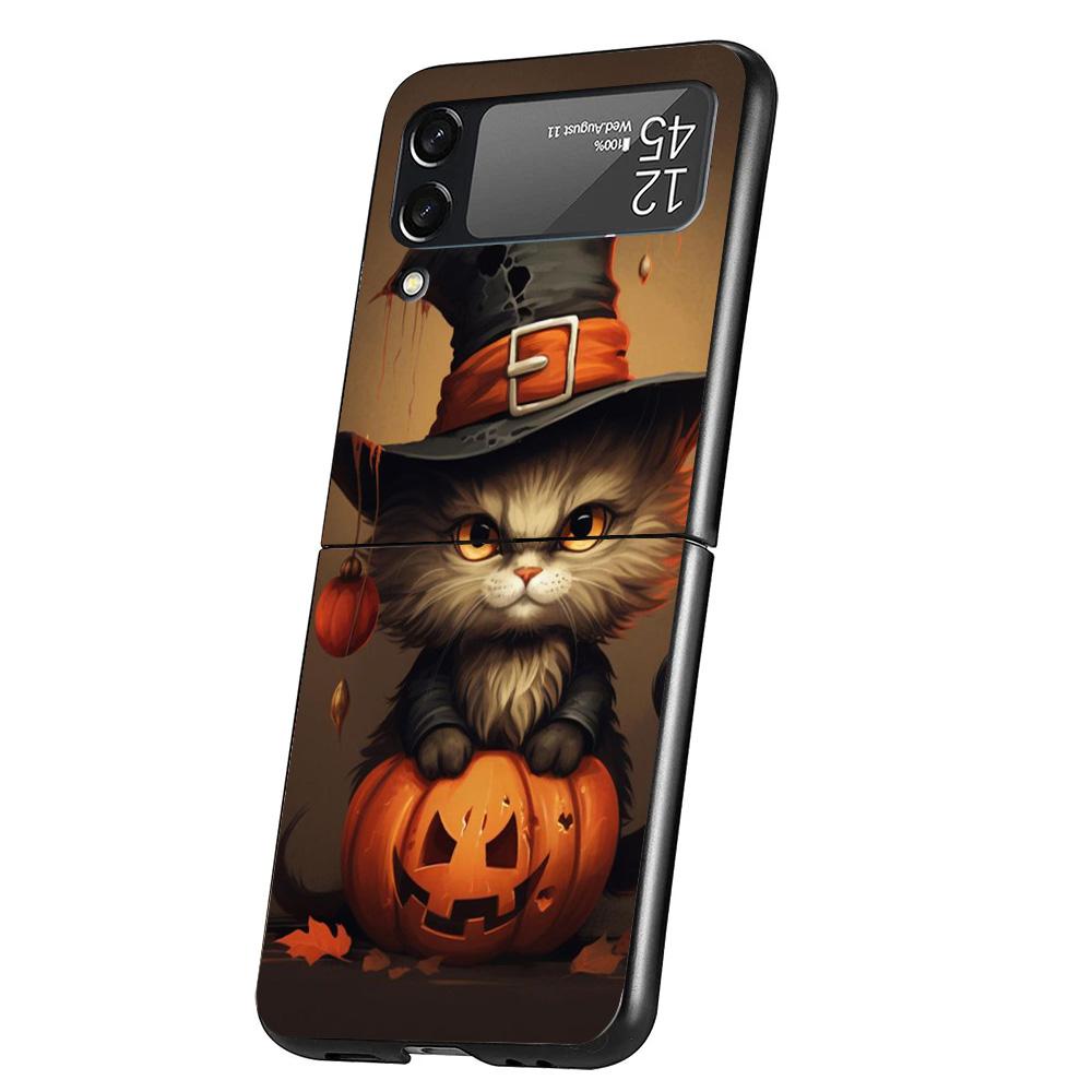 Black Kitten Halloween Pumpkin Cover Phone Case For Samsung Galaxy Z Flip 7 6 5 4 3 5G Flip7 Flip6 Flip5 Flip4 Flip3 Black Funda