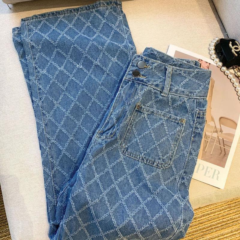 Женские джинсовые брюки, весна-осень 2024, корейский ромбовидный дизайн, джинсы с высокой талией, свободные тонкие универсальные прямые широкие брюки