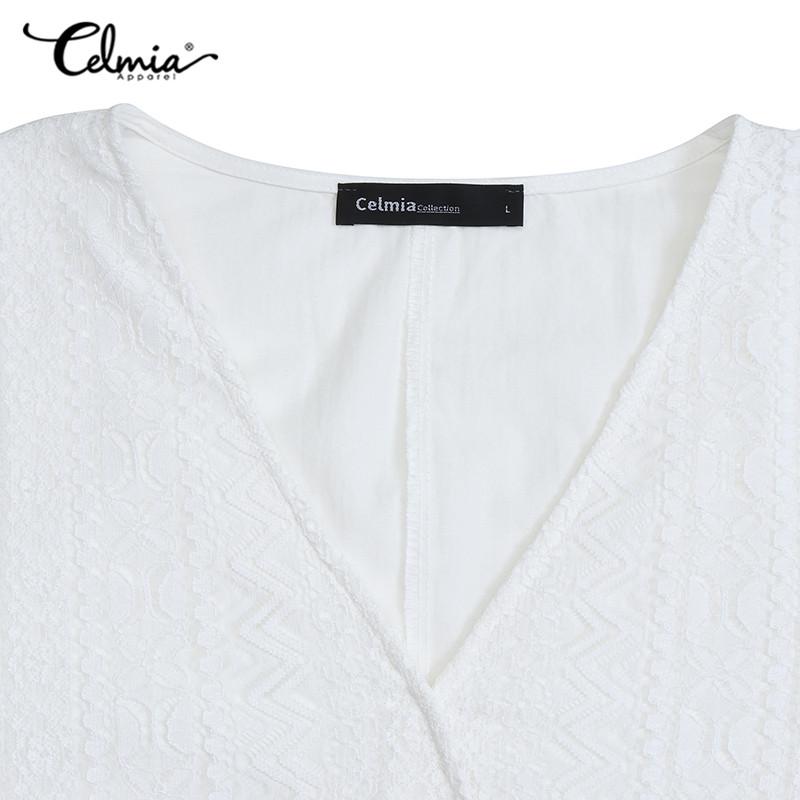 Celmia Весенняя женская мода Длинные макси с оборками праздничное платье с v-образным вырезом и рукавами-фонариками из хлопка и кружева однотонные тонкие платья повседневные свободные большие размеры