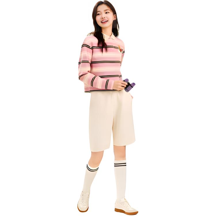 Anta X Cute Town Коллаборация Серия Жизнь Поло Воротник Полосатый Цветовой Блок Свободная Футболка с Длинным Рукавом Женские Топы 162548404-1