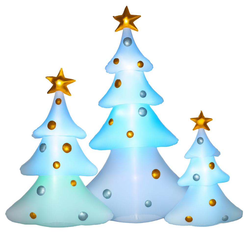 Set of 3 inflatable Christmas trees, including blower, for indoor and outdoor use, including mounting hardware, white and gold