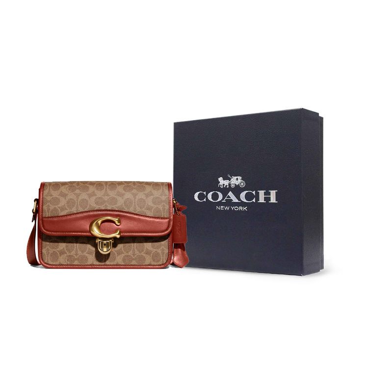 Coach Studio 25 C Logo Flap Classic Monogram Canvas And Leather Shoulder Crossbody Bag Large Women bags Brown Red C6639-B4NQ4